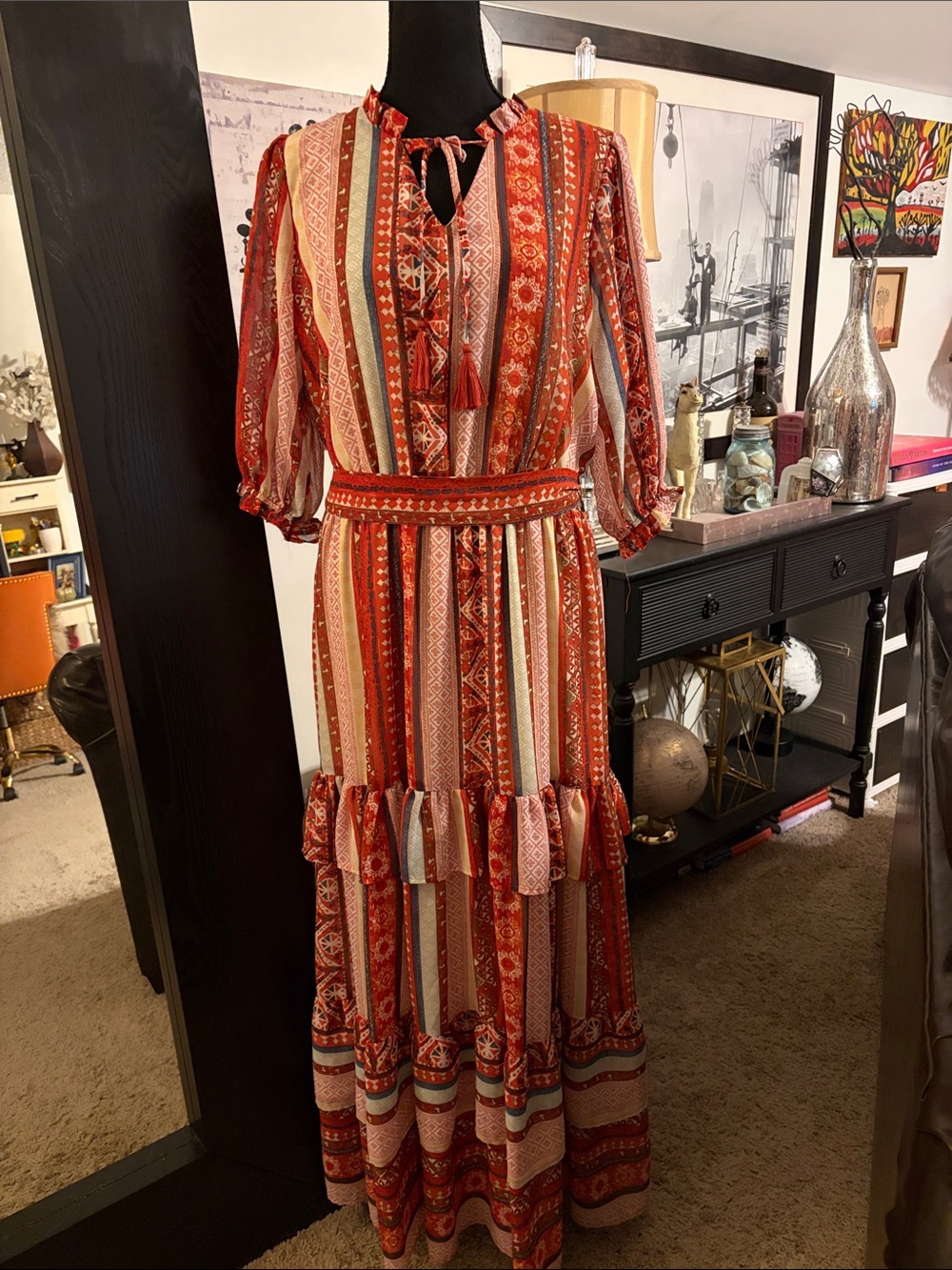 Wonderly Boho Stripe Print Tiered Maxi Dress Rust Pink Orange